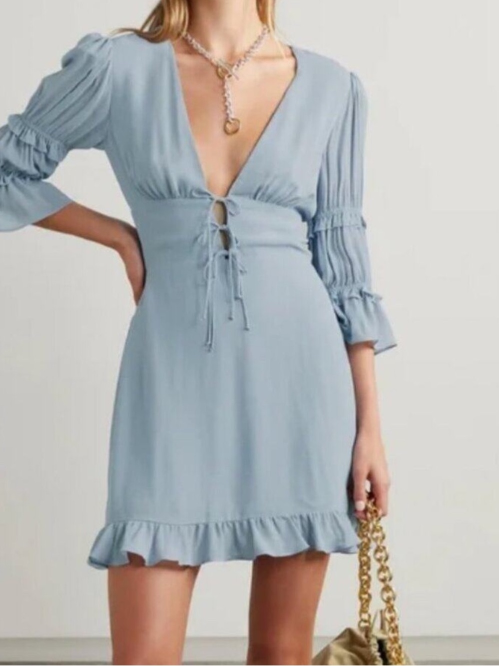 Reformation Laurelai Light Blue V-Neck Tie-Front Mini Dress size